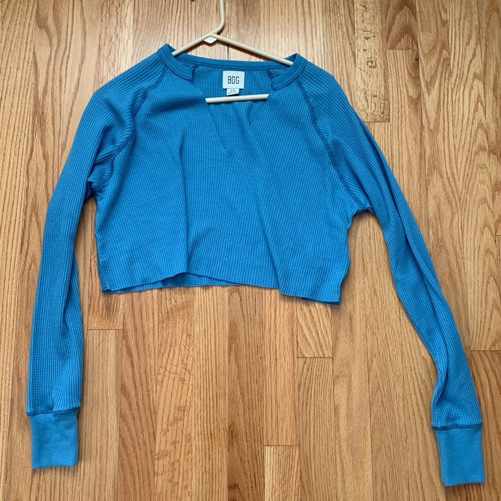 Urban Outfitters Blue Waffle Knit Long Sleeve Crop Top